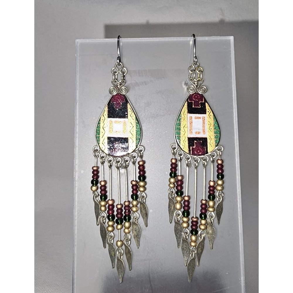Southwestern Bead Dangle Earrings Silvertone‎